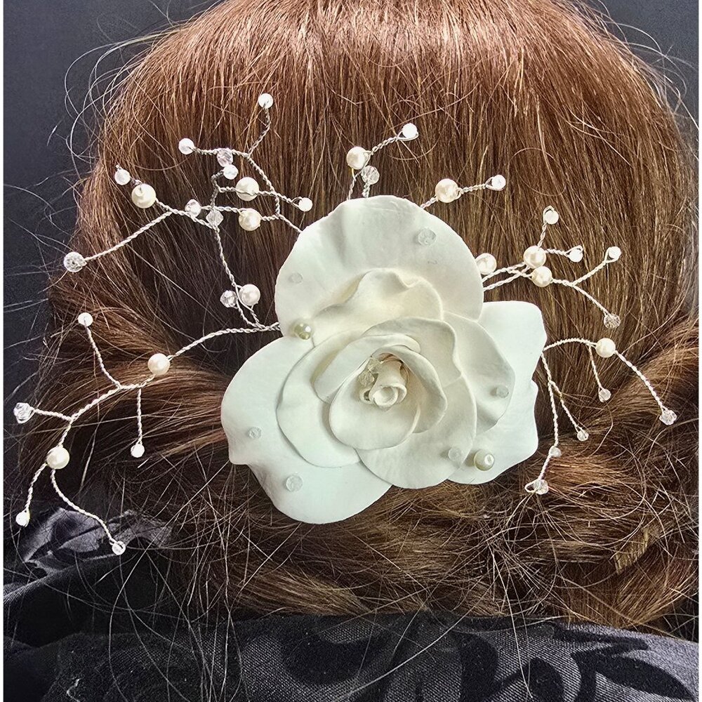 Elegant Handcrafted Glass Pearl Moonstone and Rose Quartz White Rose Hair comb